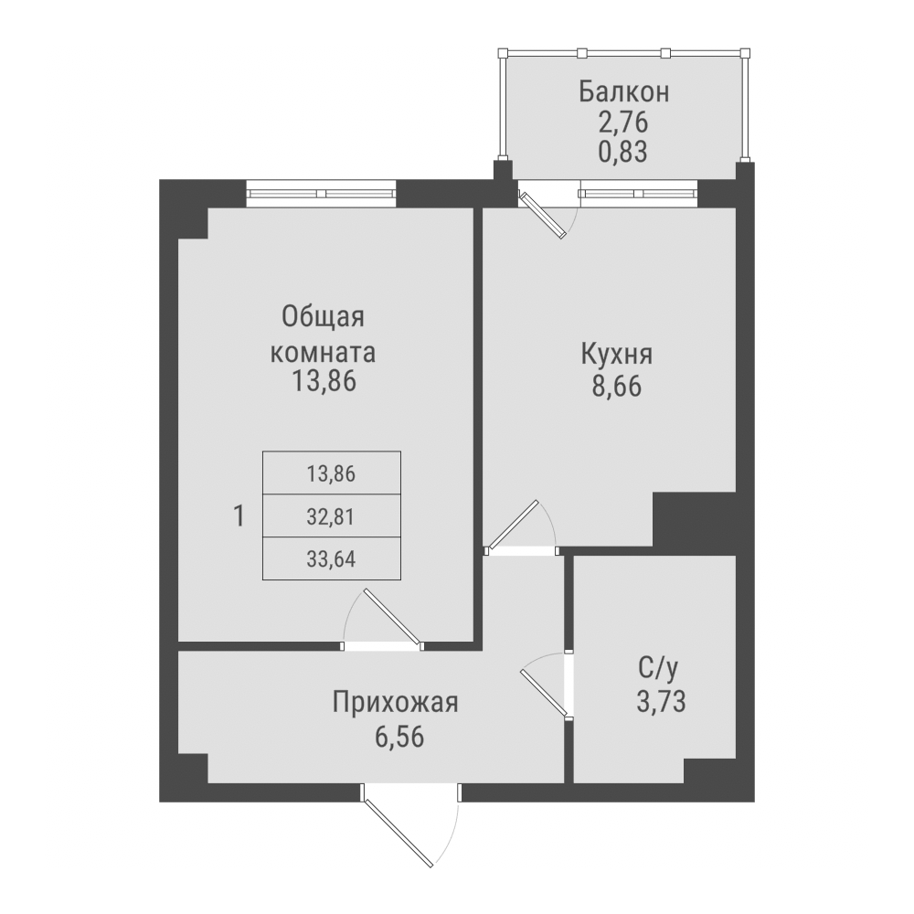 1 комн., 33.64 м²