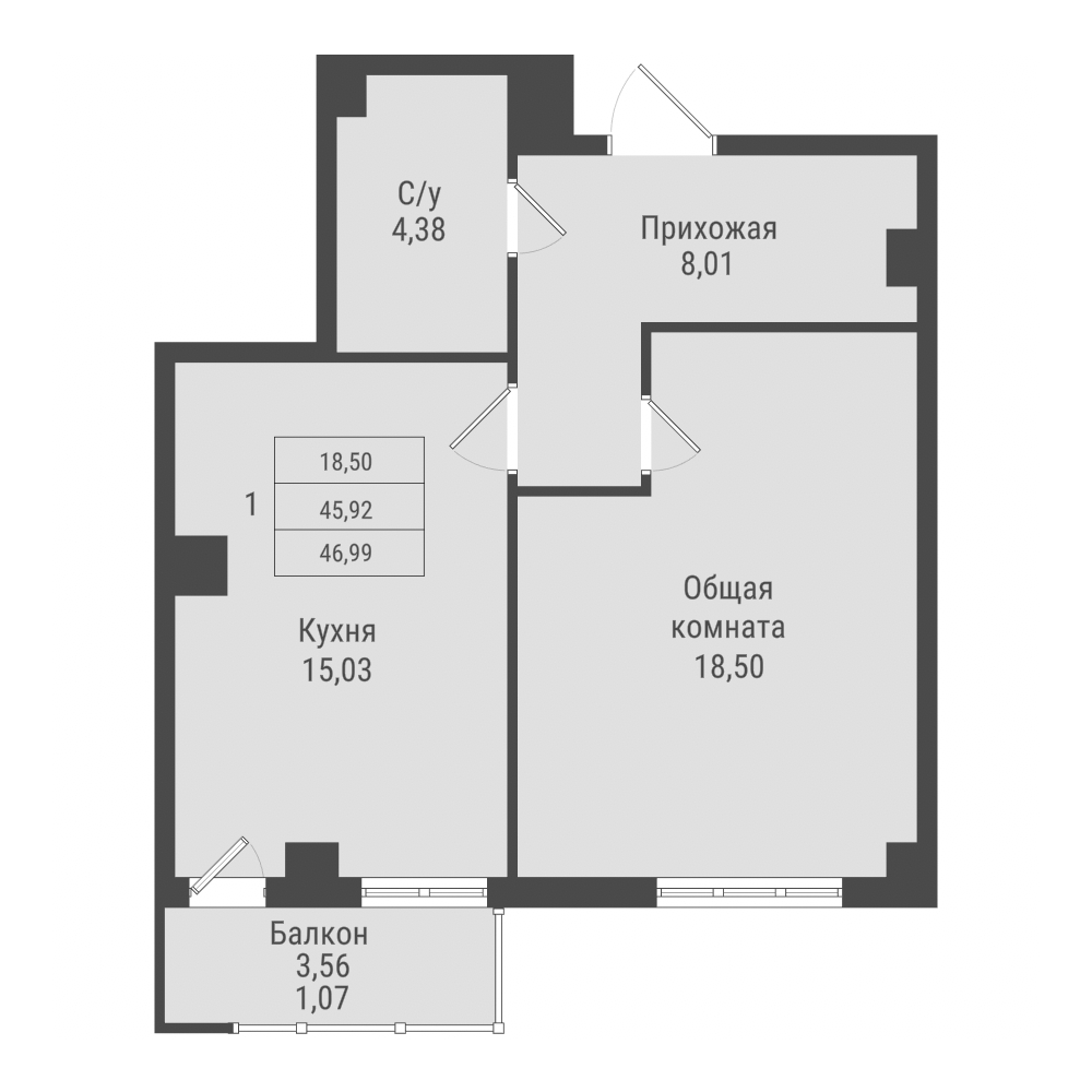 1 комн., 46.98 м²