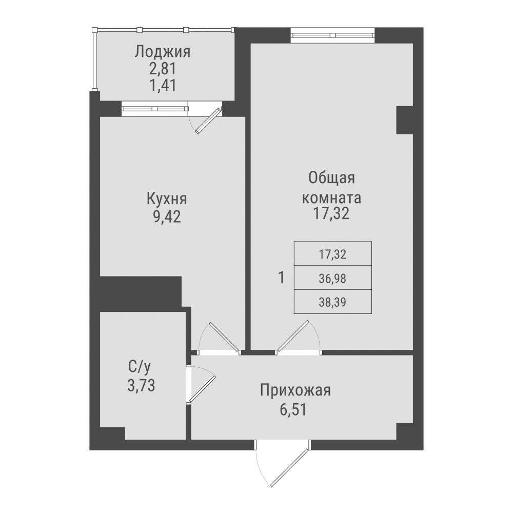 1 комн., 38.39 м²