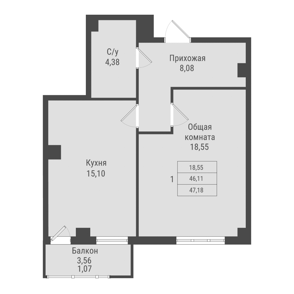 1 комн., 47.18 м²