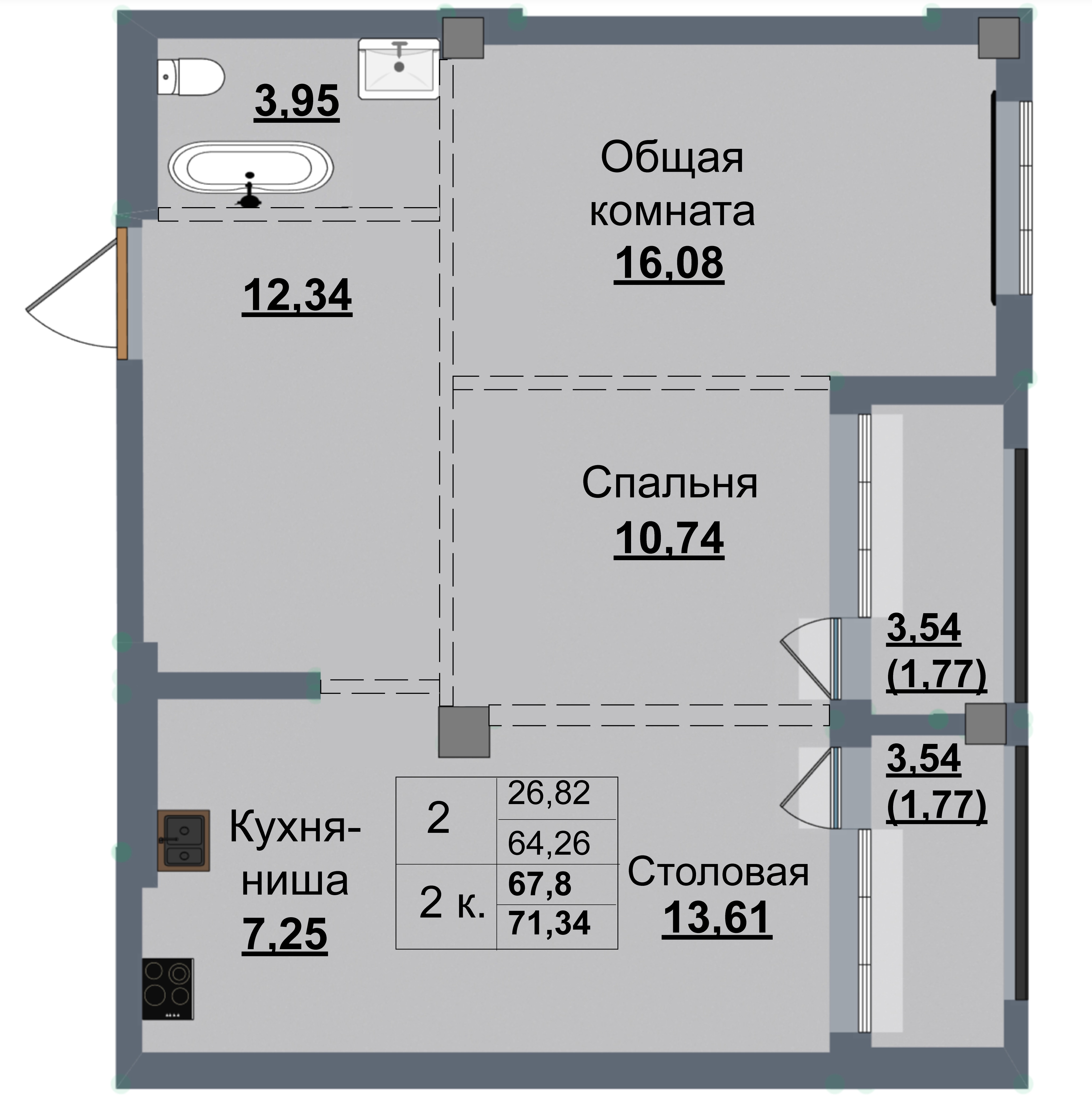 2 комн., 67.80 м²