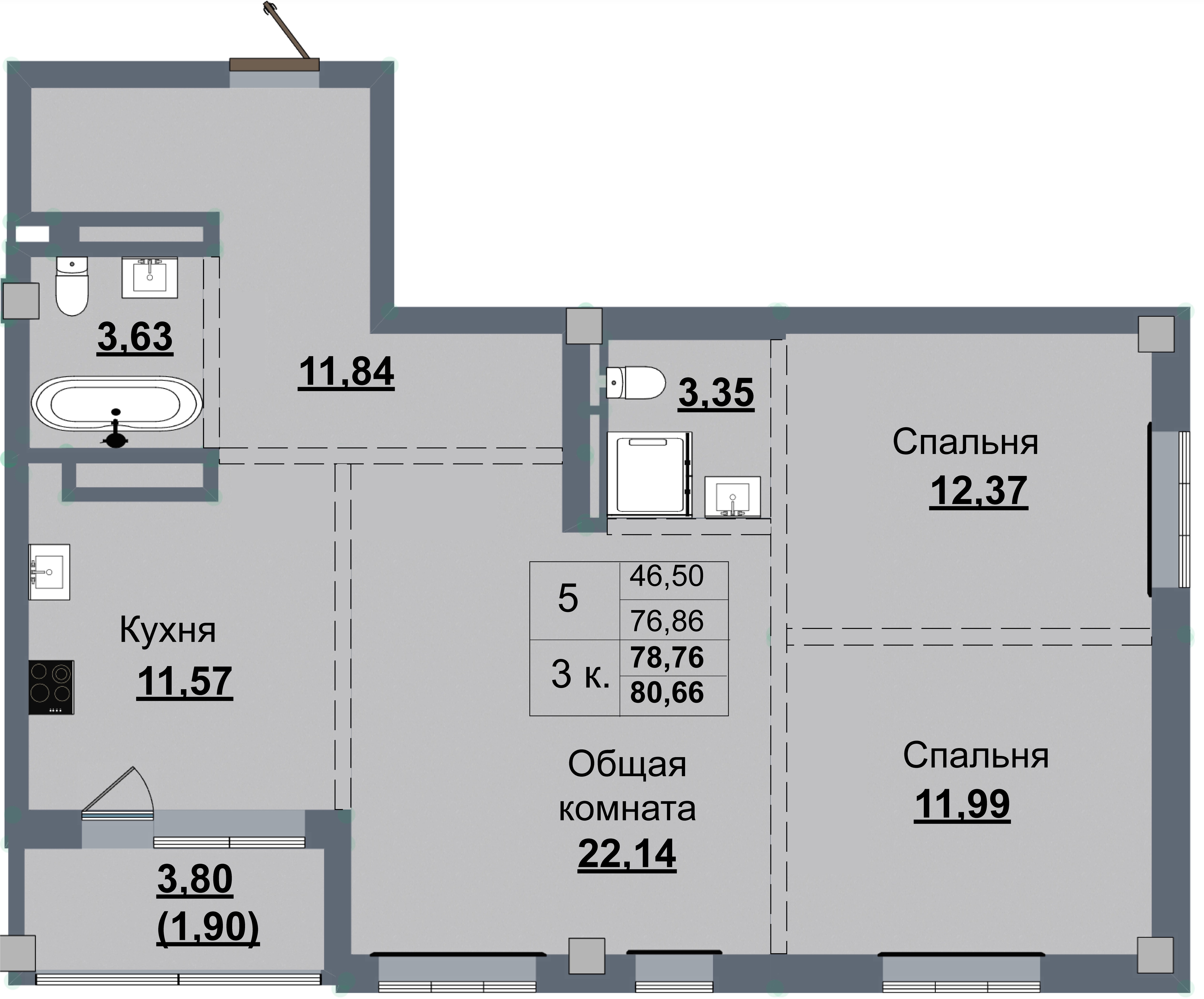 3 комн., 78.76 м²