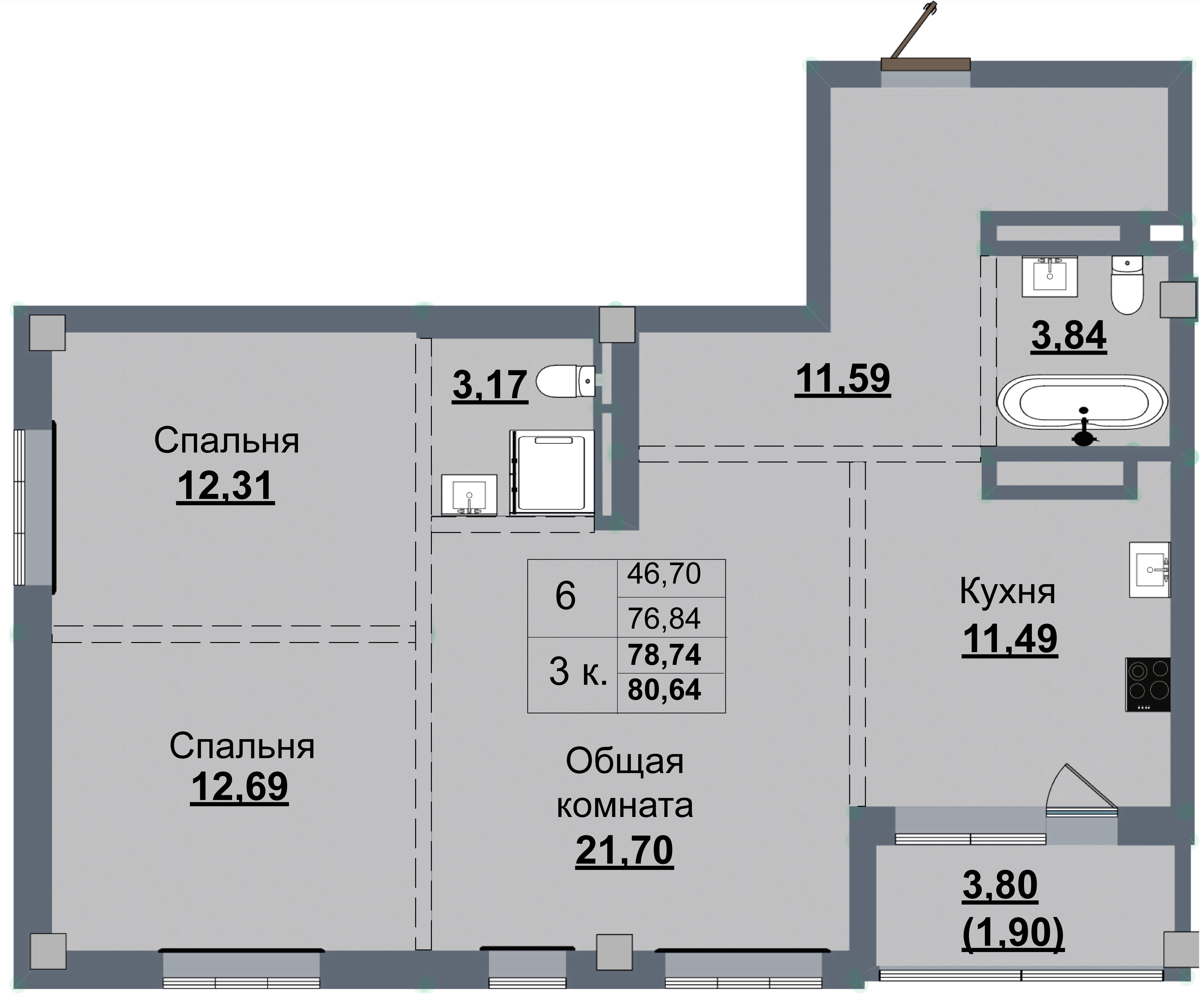 3 комн., 78.74 м²
