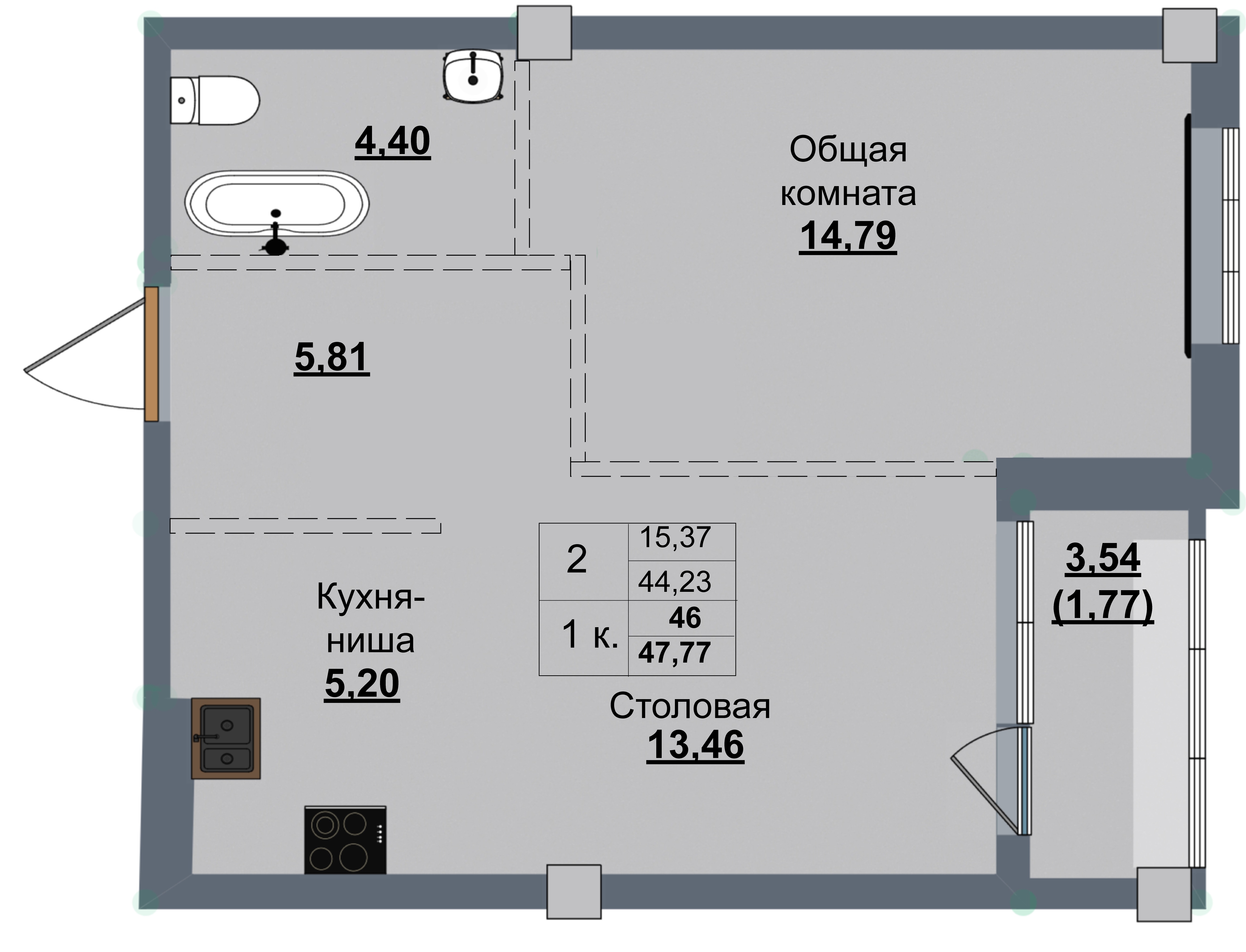 1 комн., 46.00 м²