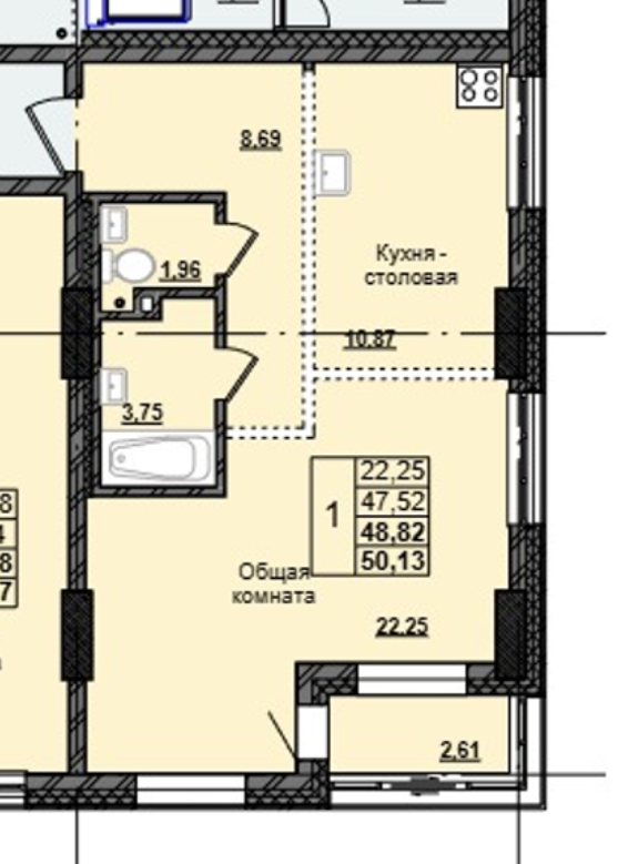 1 комн., 48.82 м²