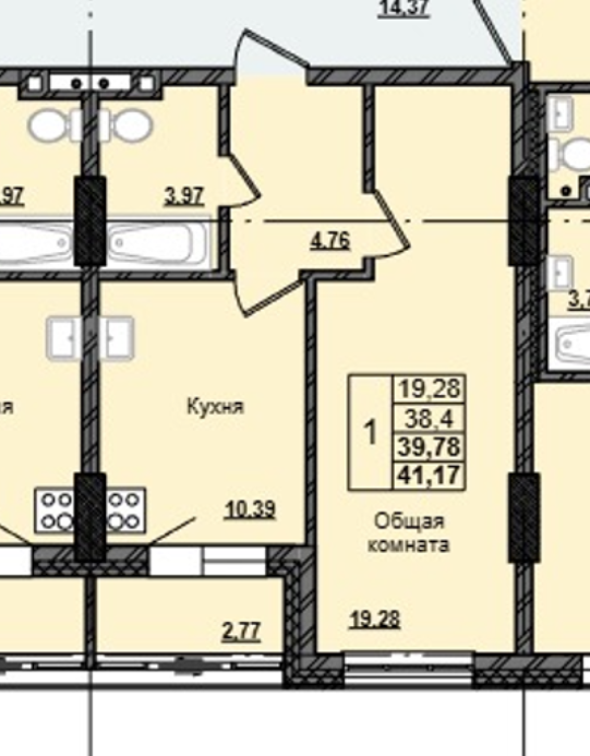 1 комн., 39.78 м²