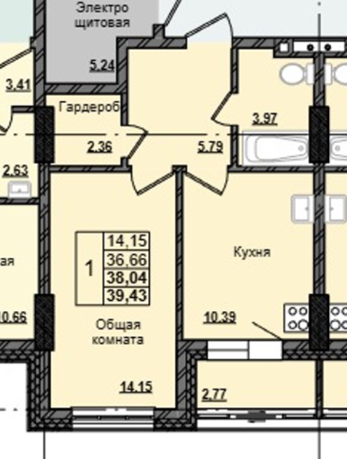 1 комн., 38.04 м²