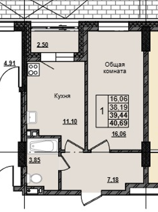 1 комн., 39.44 м²
