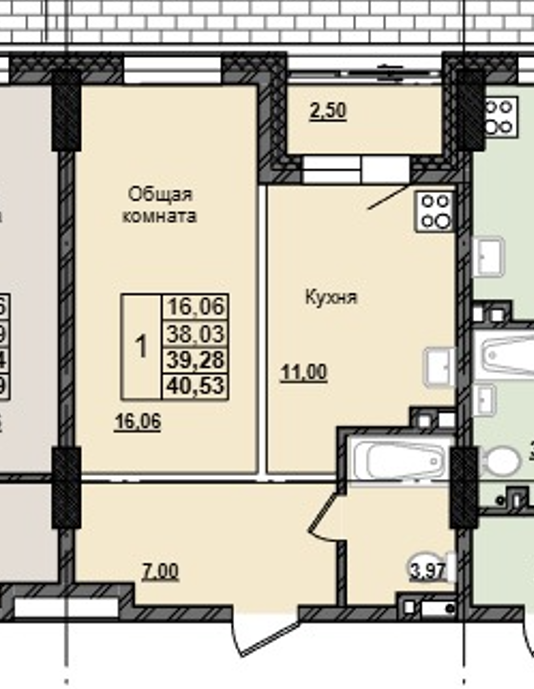 1 комн., 39.28 м²