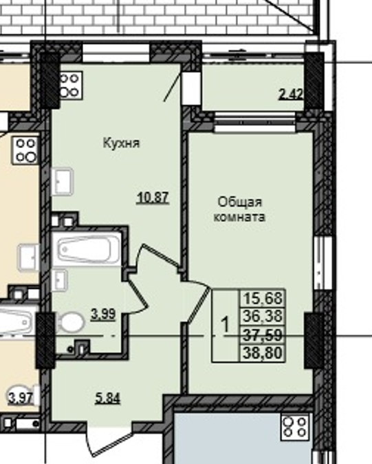 1 комн., 37.59 м²