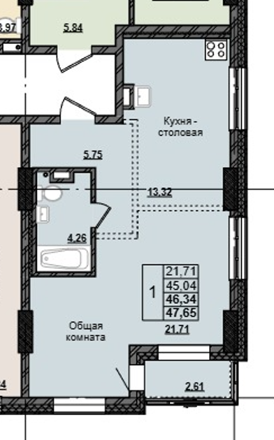 1 комн., 46.34 м²
