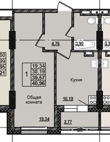 1 комн., 39.57 м²