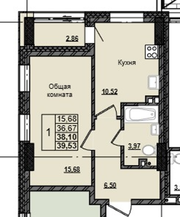 1 комн., 38.10 м²