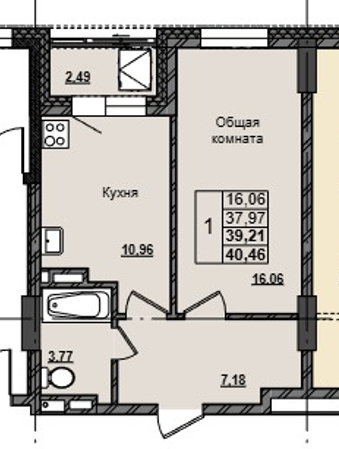 1 комн., 39.21 м²
