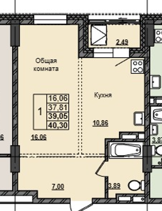 1 комн., 39.05 м²