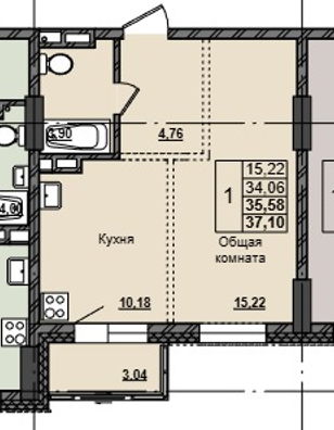 1 комн., 35.6 м²
