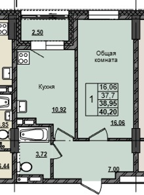 1 комн., 38.95 м²