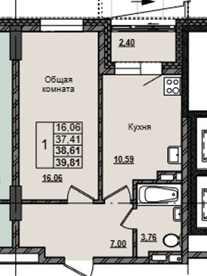 1 комн., 38.61 м²