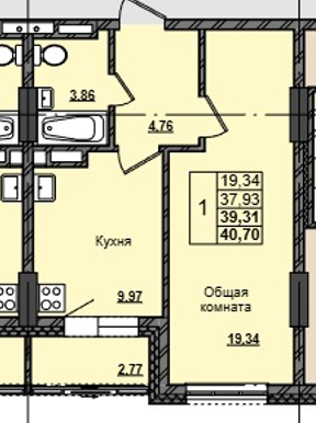 1 комн., 39.31 м²