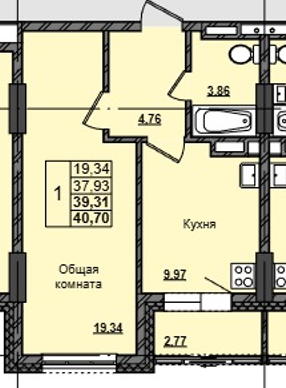 1 комн., 39.31 м²