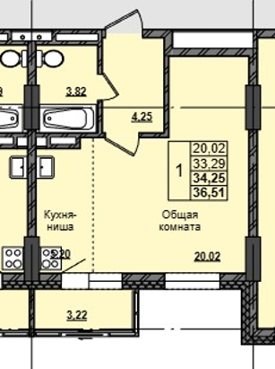 1 комн., 34.3 м²