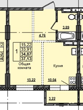 1 комн., 34.9 м²