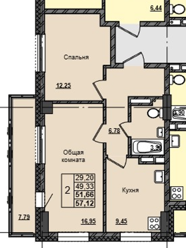 2 комн., 51.66 м²