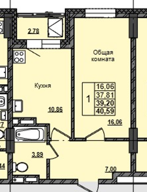 1 комн., 39.20 м²