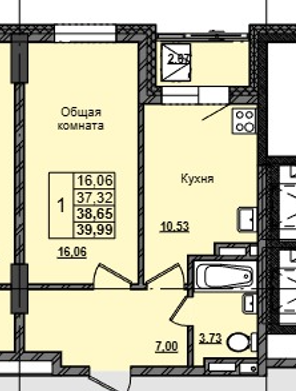 1 комн., 38.65 м²
