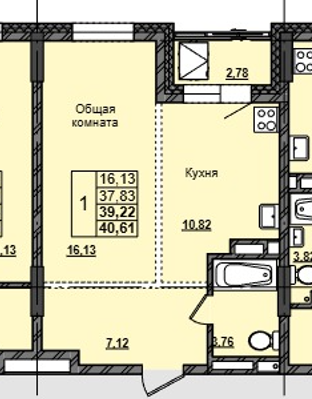 1 комн., 39.22 м²