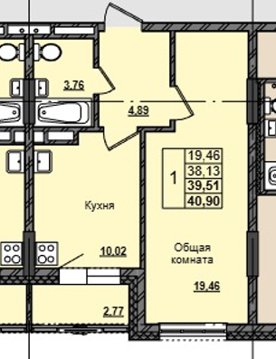 1 комн., 39.51 м²