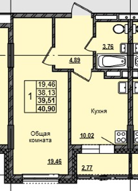 1 комн., 39.51 м²