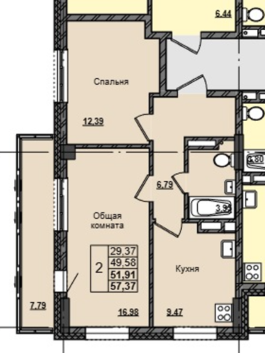 2 комн., 51.91 м²