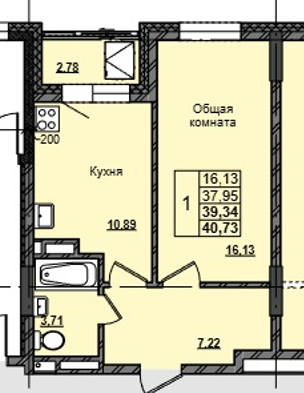 1 комн., 39.34 м²