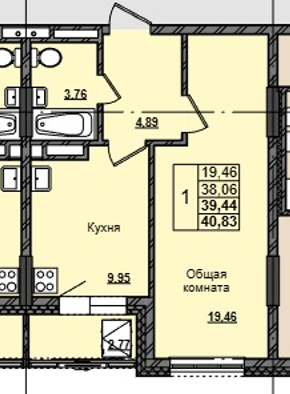 1 комн., 39.44 м²