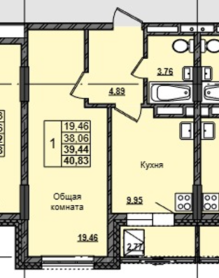 1 комн., 39.44 м²