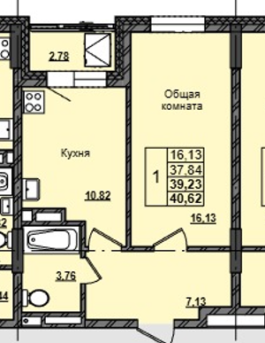 1 комн., 39.23 м²