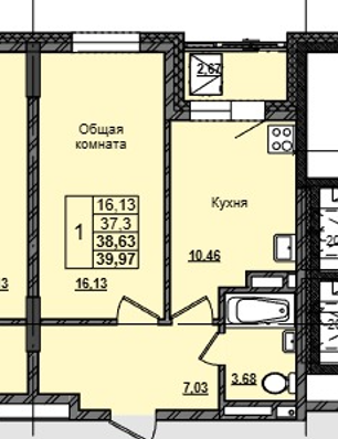 1 комн., 38.63 м²