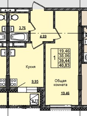 1 комн., 39.44 м²