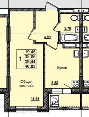 1 комн., 39.44 м²