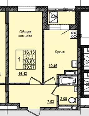 1 комн., 38.63 м²