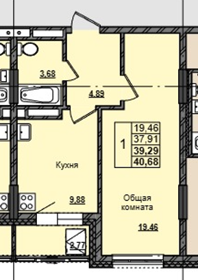 1 комн., 39.3 м²