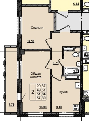 2 комн., 51.84 м²