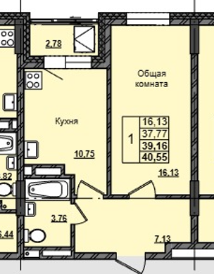 1 комн., 39.16 м²