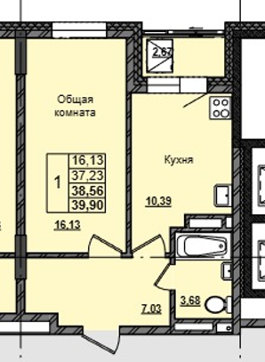 1 комн., 38.56 м²