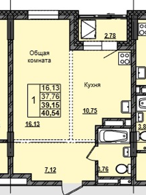 1 комн., 39.15 м²