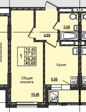 1 комн., 39.29 м²