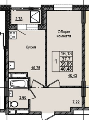 1 комн., 39.09 м²