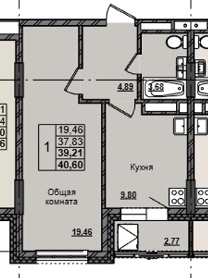 1 комн., 39.21 м²