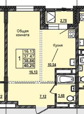 1 комн., 38.86 м²